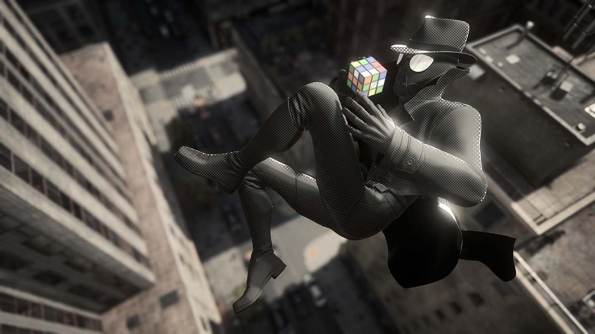 Peter Parker performing an air-trick in the noir costume in Marvel's Spider-Man 2