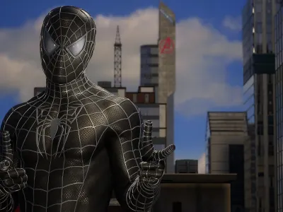 Black webbed suit posing in Marvel's Spider-Man 2
