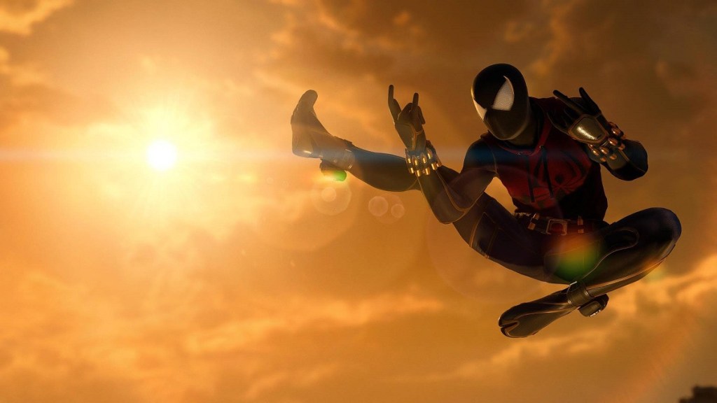 Spider-Man swings in the sunset in Marvel's Spider-Man 2