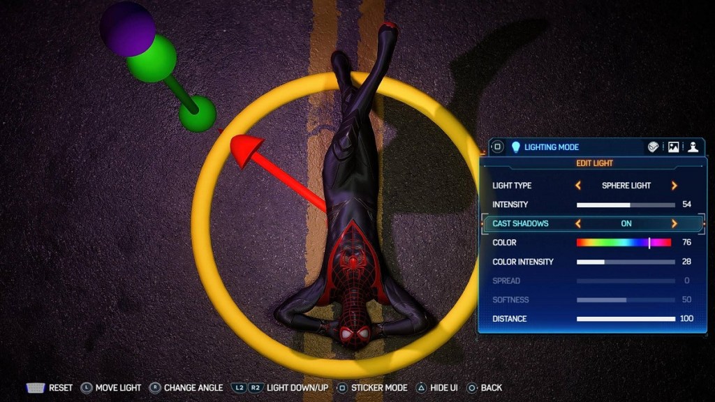 The lighting options in the Marvel's Spider-Man 2 photo mode.