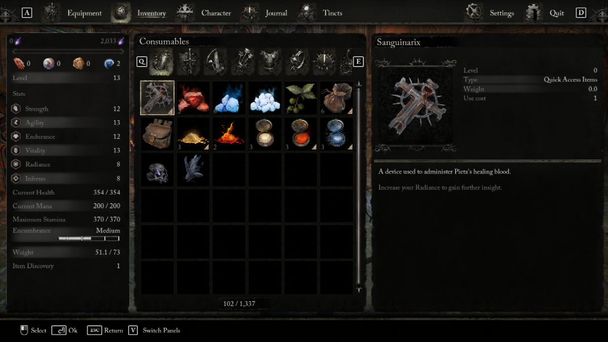 Screenshot of the item menu in Lords of the Fallen