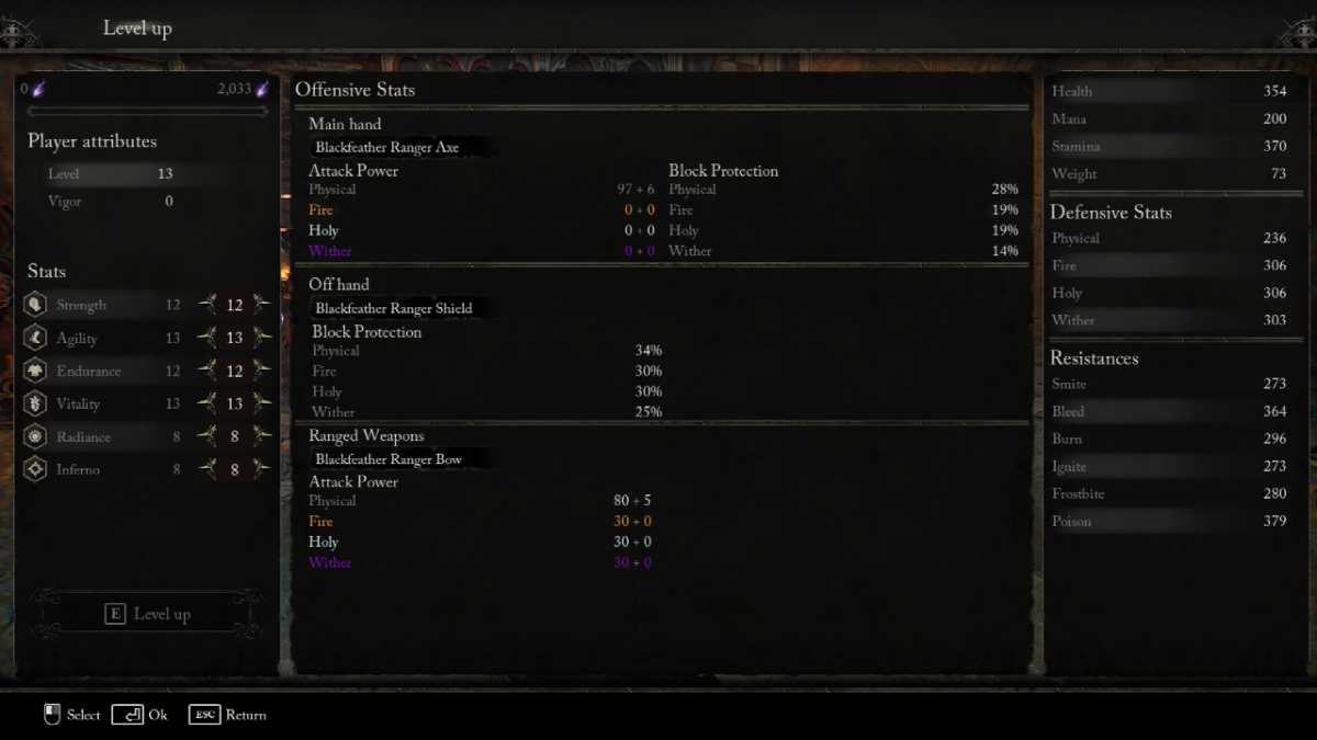 Screenshot of the stats menu in Lords of the Fallen