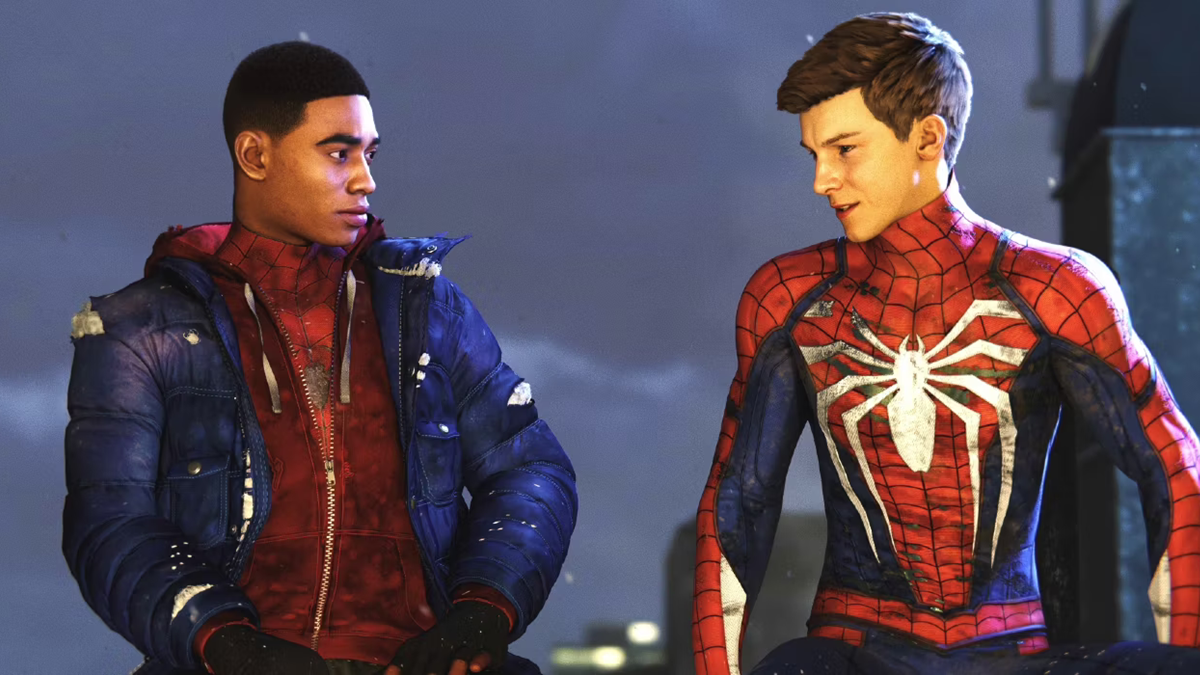 Screenshot of Miles and Peter in Marvel's Spider-Man 2