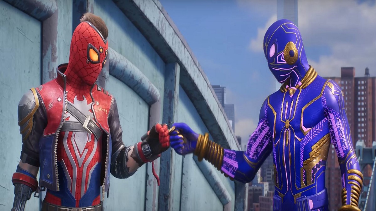 Peter and Miles fist bump in alternate suits in Marvel's Spider-Man 2 Digital Deluxe Edition