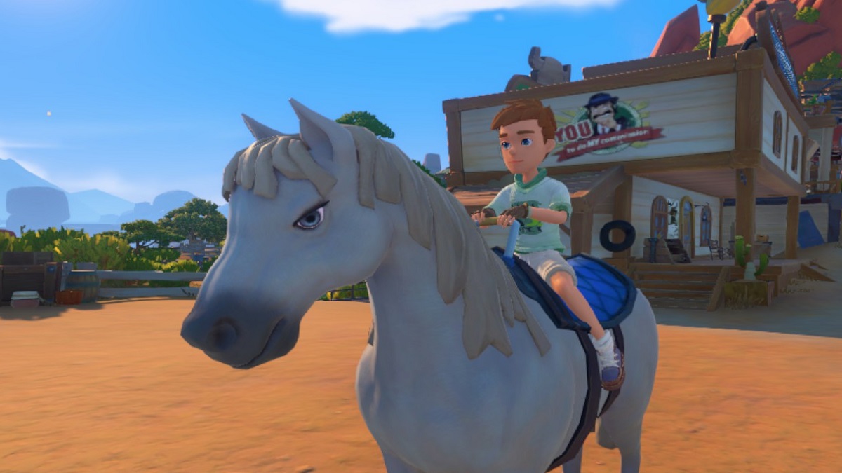 Player riding a horse in My Time at Sandrock