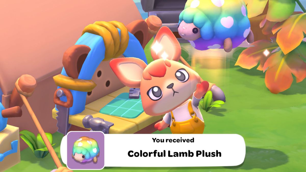 Screenshot of the Colorful Lamb Plush in Hello Kitty Island Adventure.