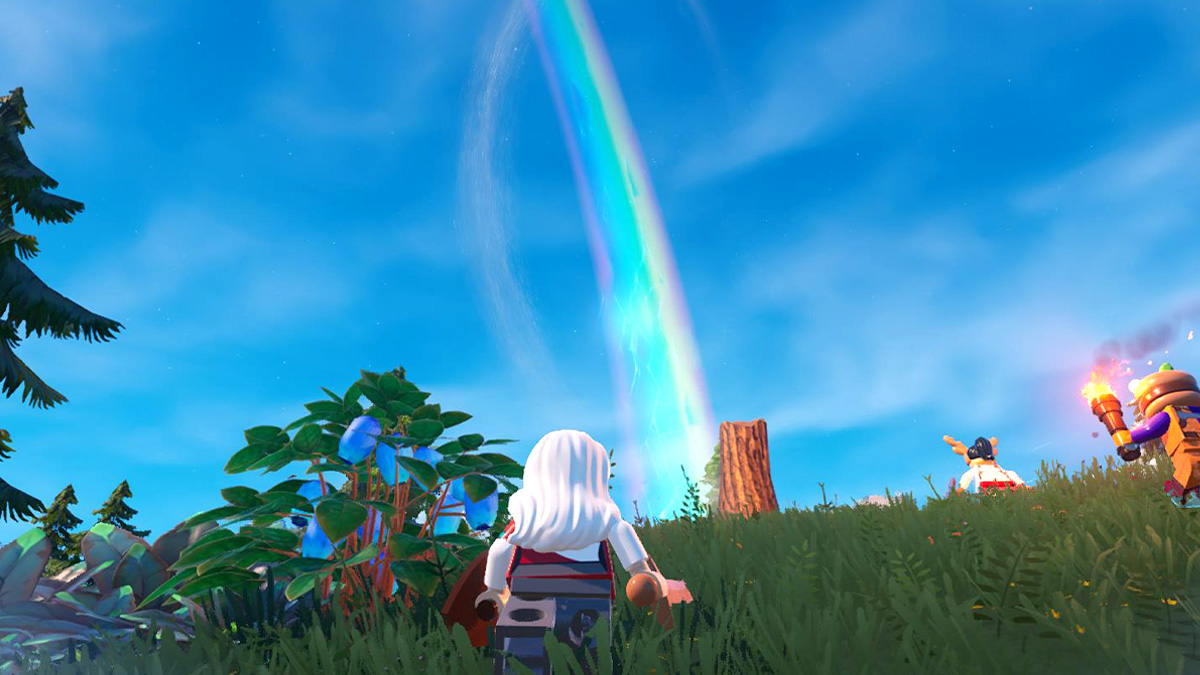 Screenshot of a Rainbow spawning in LEGO Fortnite