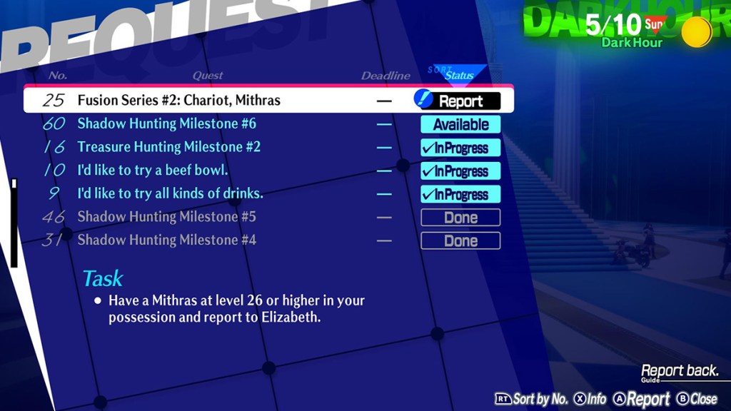 Screenshot of the Mithras Elizabeth request in Persona 3 Reload