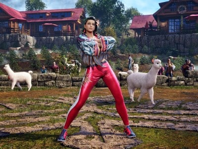 Tekken 8 - Azucena standing in a courtyard with some llamas.