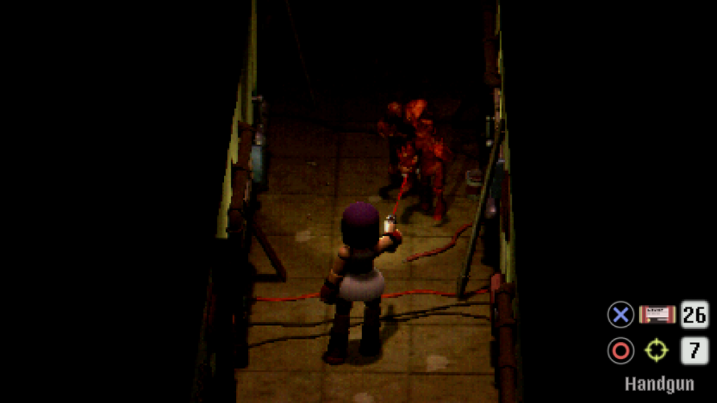 Crow Country protagonist Mara standing in a dark hallway, pointing a gun at an enemy.