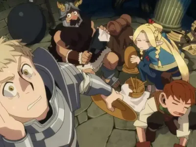 The main characters of Delicious in Dungeon floundering as they prepare a meal.