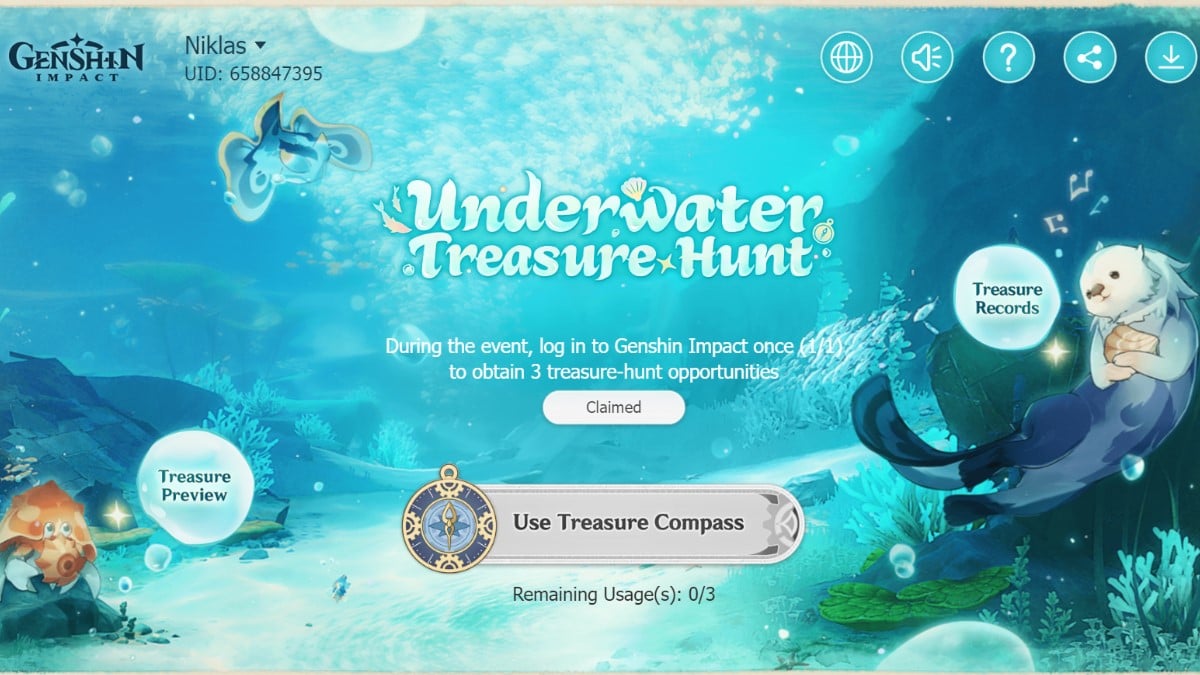 The Underwater Treasure Hunt event page, showing an underwater area with underwater creatures and a button with a compass on it.