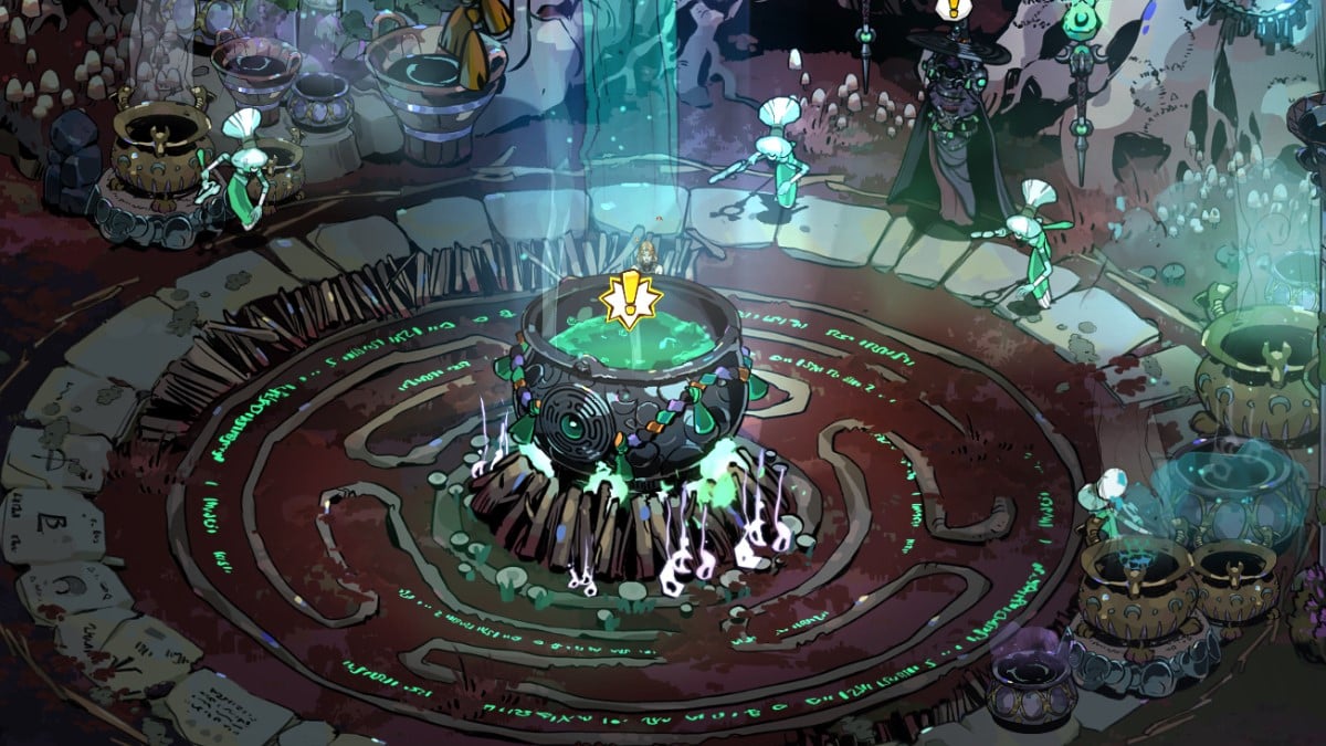 The huge cauldron with sigils and ghosts surrounding it