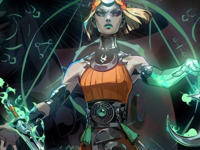 The main character in Hades 2 floats in the air. Her hands glow as her blades float in front of her.