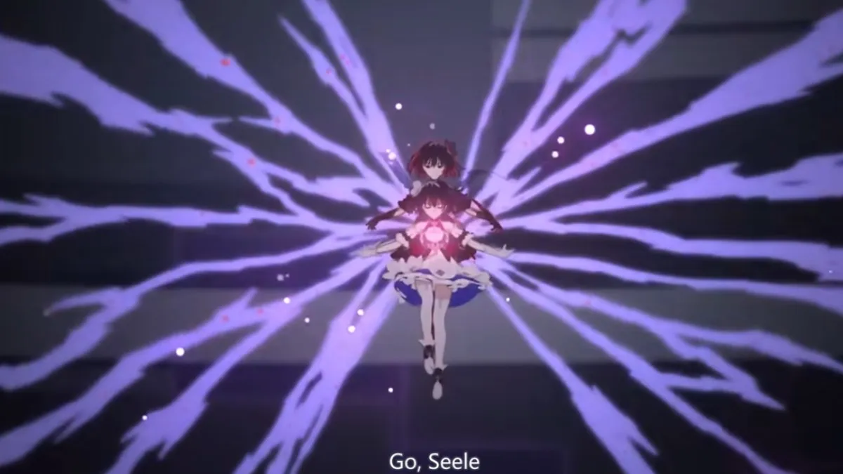 Seele is grasped by another version of her with smoke behind her forming butterfly wings