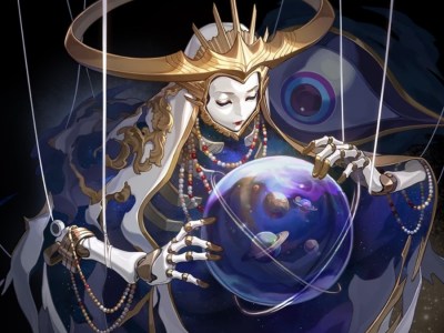 A porcelain marionette-like being with a huge golden crown and flowing grey robes. THEY hold a globe between THEIR hands as THEY gaze into it.