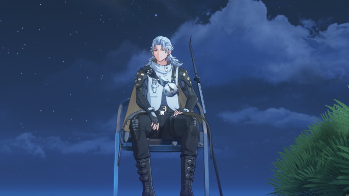 Aalto sits in a chair, looking out at the night sky. An old sword leans against the chair's arm