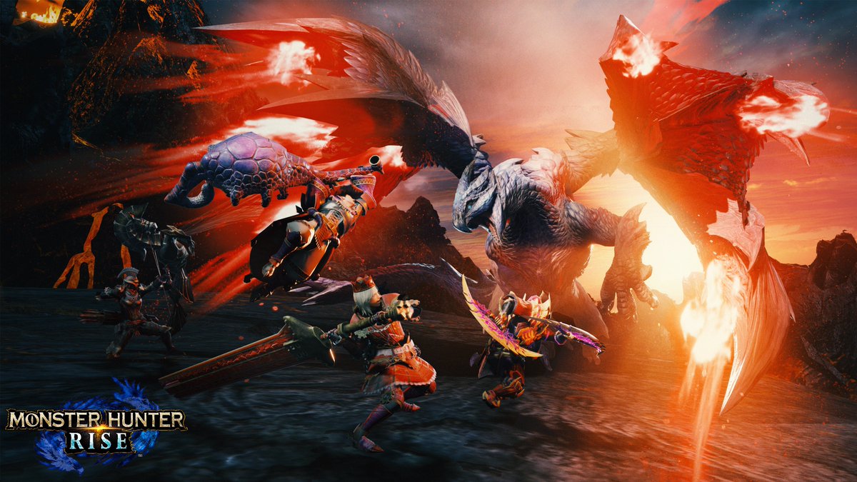 hunters face off with the Crimson glow Valstrax in Monster Hunter Rise