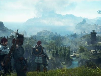 View of the world of Dragon's dogma 2: Player character and pawns looking over the vista