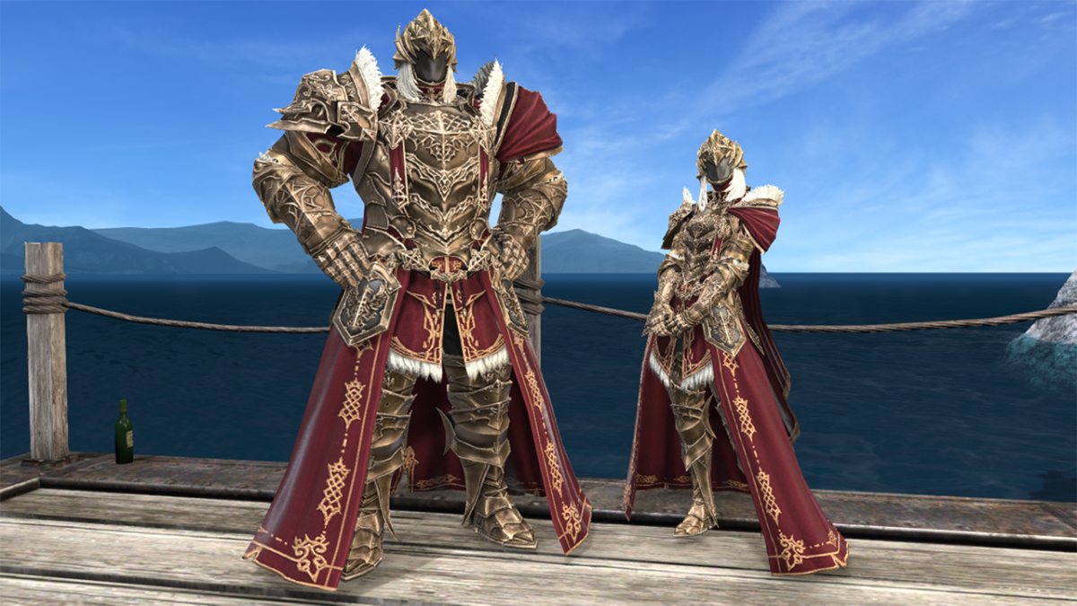 Image of the masculine and femme variations of the Fierce Tyrant's Attire from the PVP malmstone rewards 7.0 FFXIV dawntrail maintenance