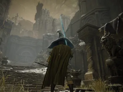 Elden Ring's Tarnished, big hat and ice sword in hand stand in the tower settlement,