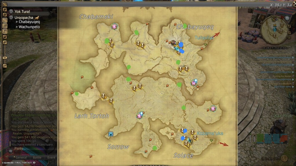 Map of Urqopacha Aether currents and Quests. Green is where the currents are and Blue is the side quests that unlock them