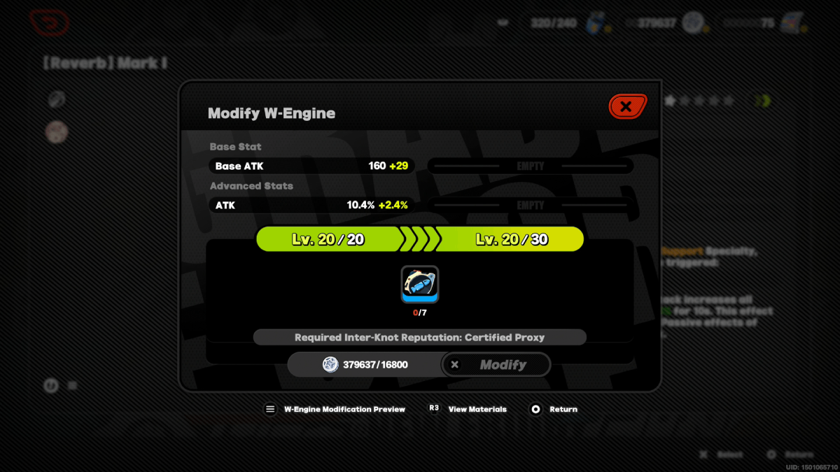 Zenless Zone Zero W-Engine Modify Menu